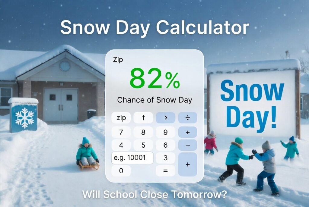 Snow Day Calculator showing 82% chance of school closure with kids playing in snow and school building in background